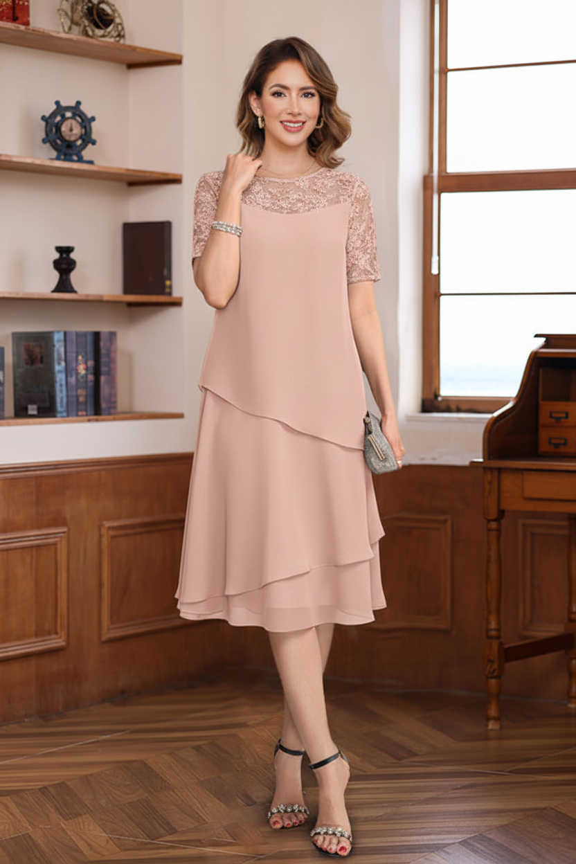 A-Line/Princess Jewel Neck Short Sleeves Knee-Length Mother of the Bride & Groom Dresses with Ruffles & Lace Appliques & Sequins