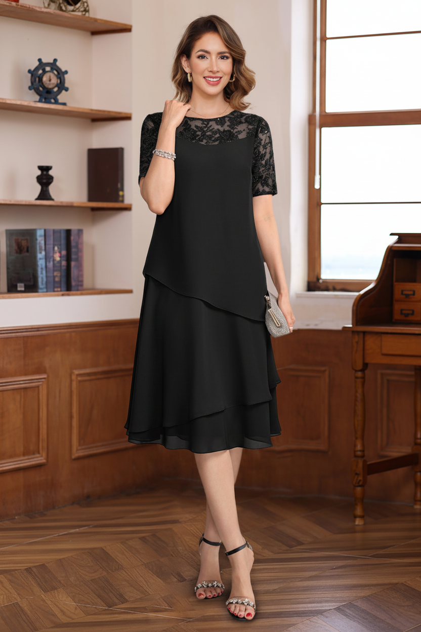 A-Line/Princess Jewel Neck Short Sleeves Knee-Length Mother of the Bride & Groom Dresses with Ruffles & Lace Appliques & Sequins