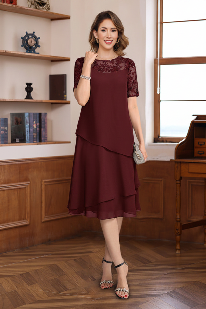 A-Line/Princess Jewel Neck Short Sleeves Knee-Length Mother of the Bride & Groom Dresses with Ruffles & Lace Appliques & Sequins