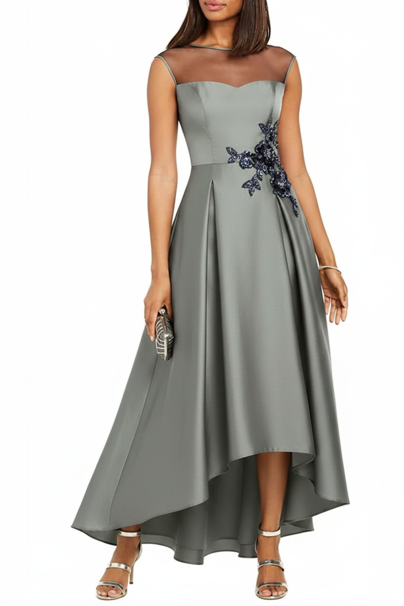 A-Line/Princess Jewel Neck Sleeveless Asymmetrical Mother of the Bride Dresses With Pleats & Appliques