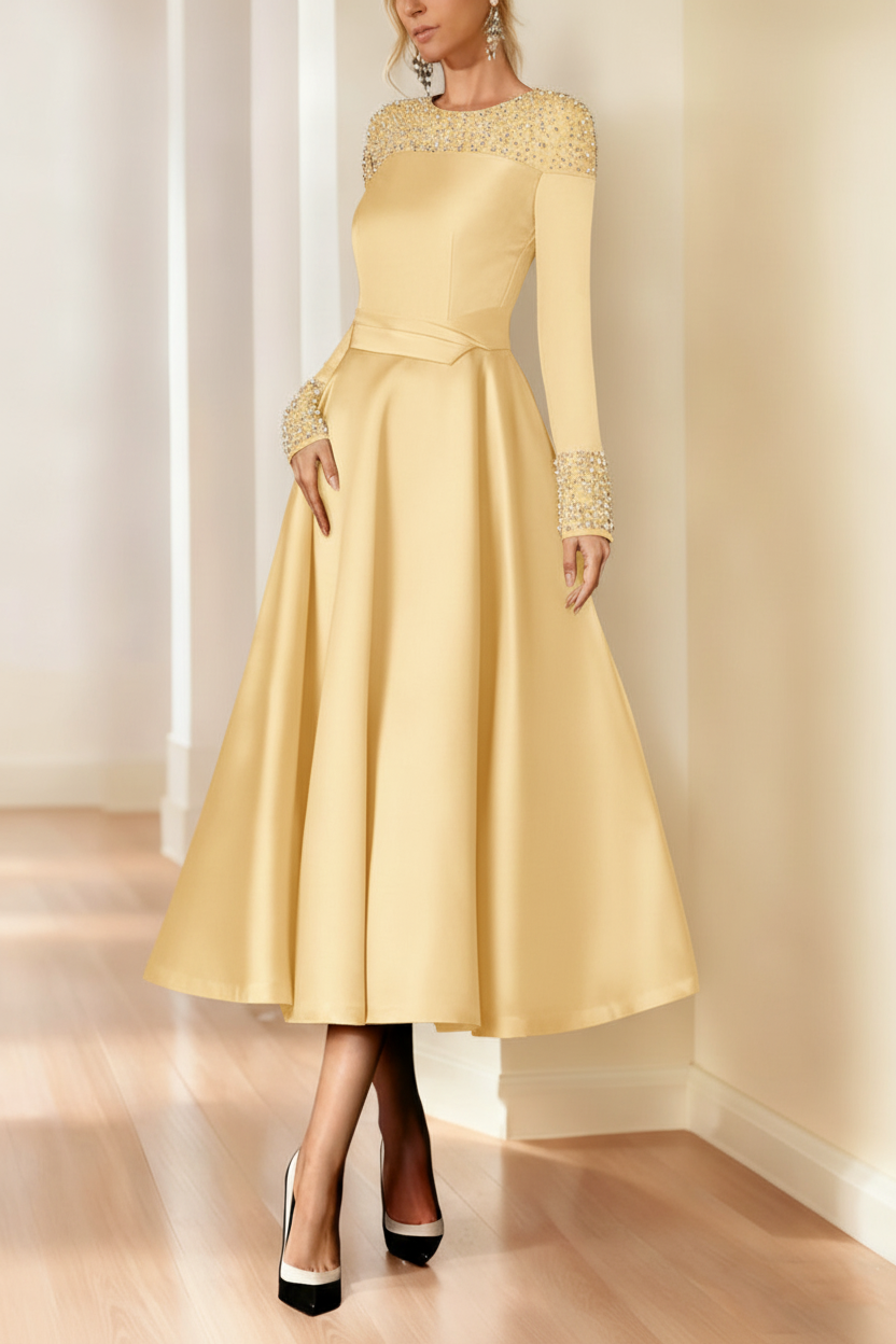 A-Line/Princess Long Sleeves Jewel Neck Mother of the Bride Dresses with Beading Tea-Length