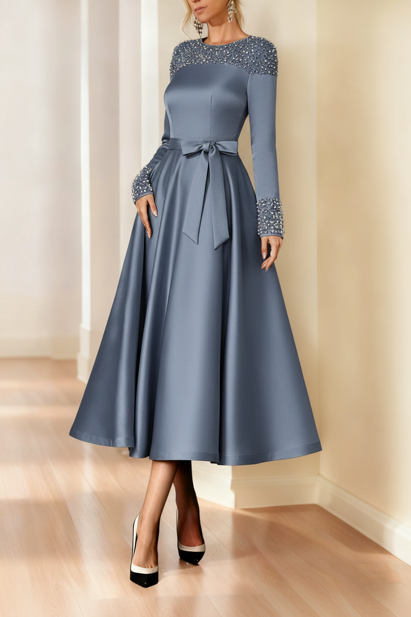 A-Line/Princess Long Sleeves Jewel Neck Mother of the Bride Dresses with Beading Tea-Length