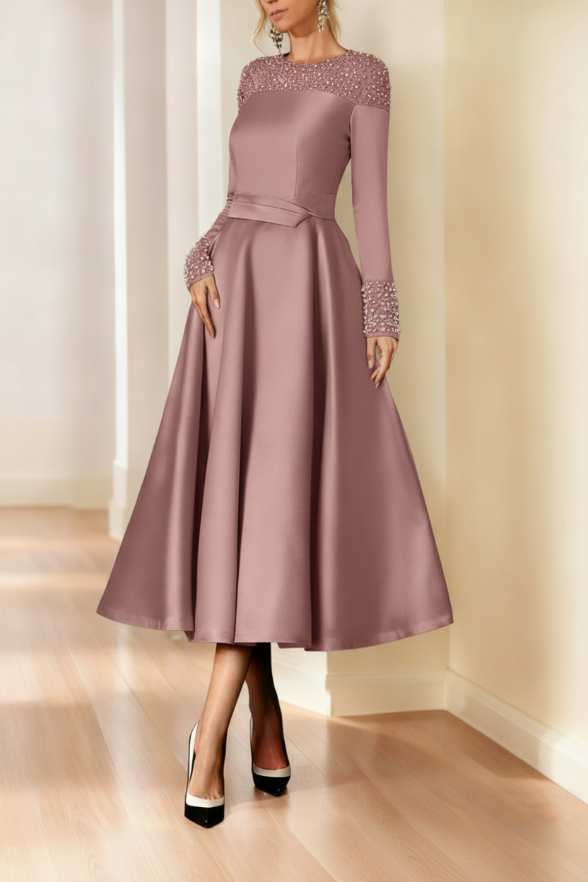 A-Line/Princess Long Sleeves Jewel Neck Mother of the Bride Dresses with Beading Tea-Length