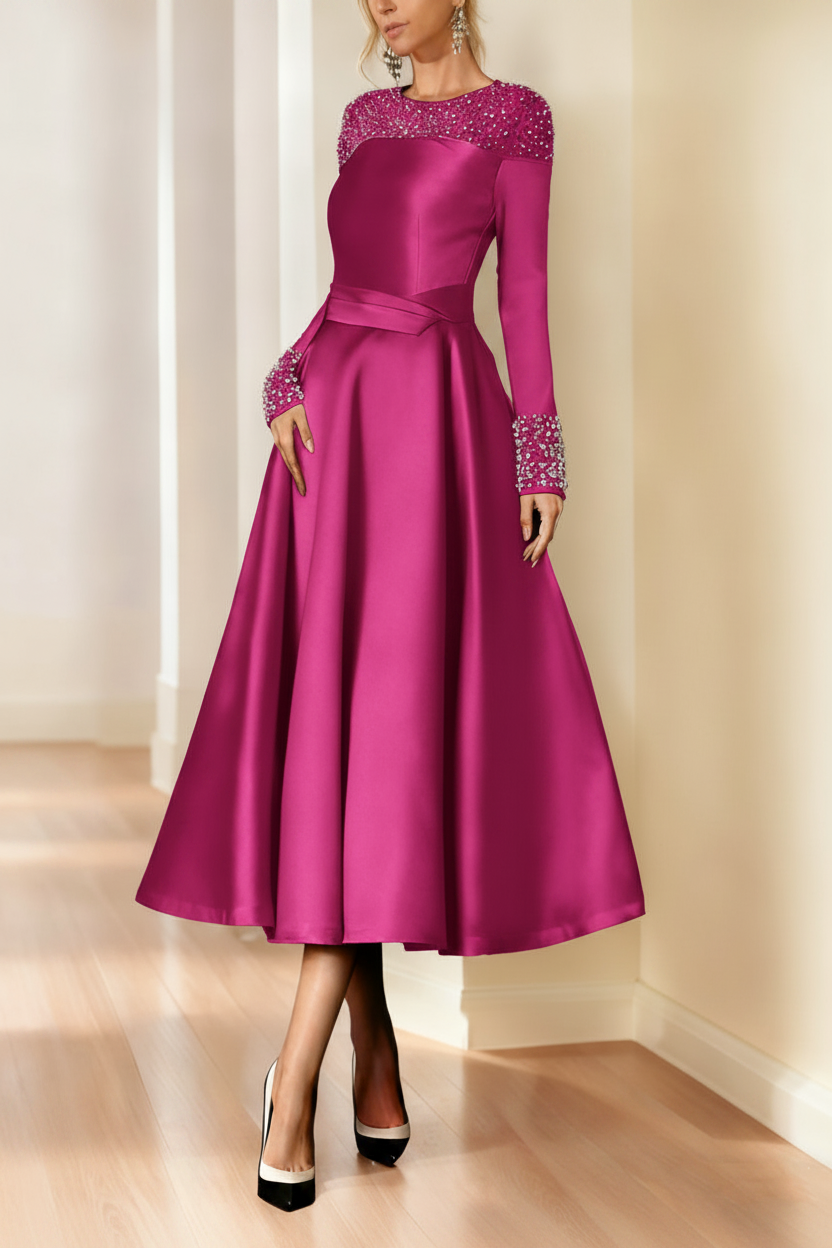 A-Line/Princess Long Sleeves Jewel Neck Mother of the Bride Dresses with Beading Tea-Length