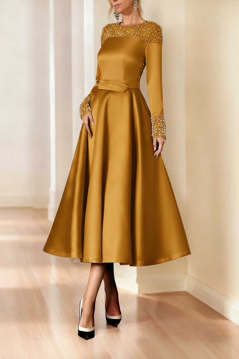 A-Line/Princess Long Sleeves Jewel Neck Mother of the Bride Dresses with Beading Tea-Length