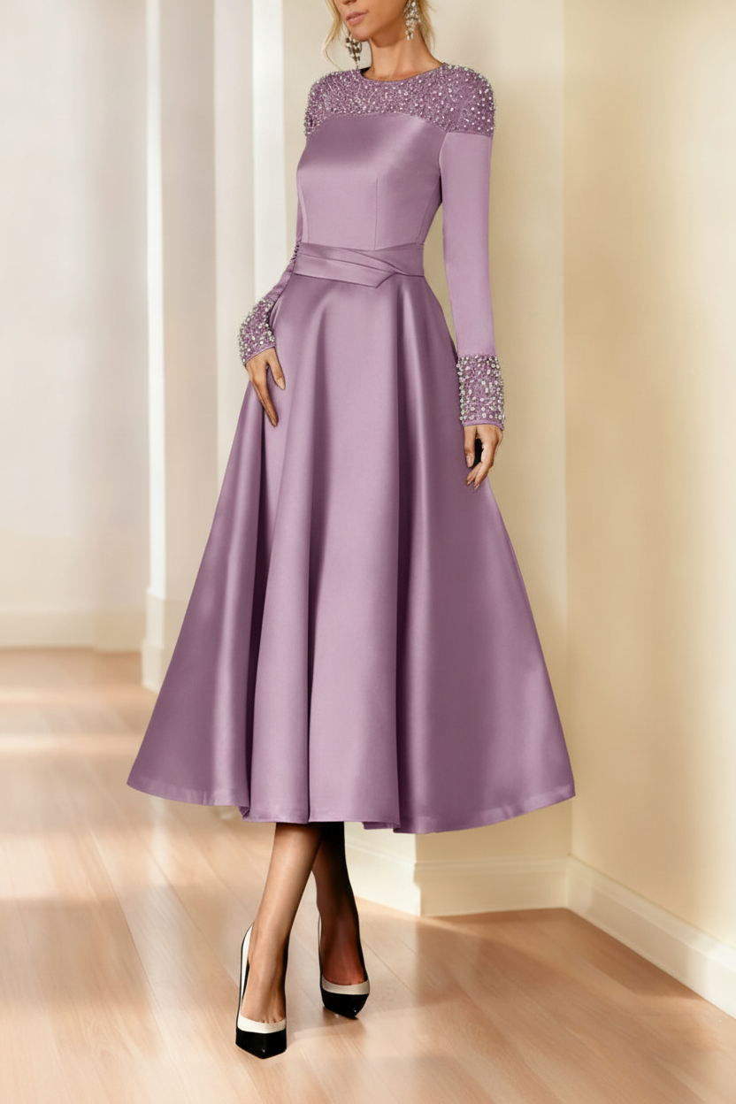 A-Line/Princess Long Sleeves Jewel Neck Mother of the Bride Dresses with Beading Tea-Length
