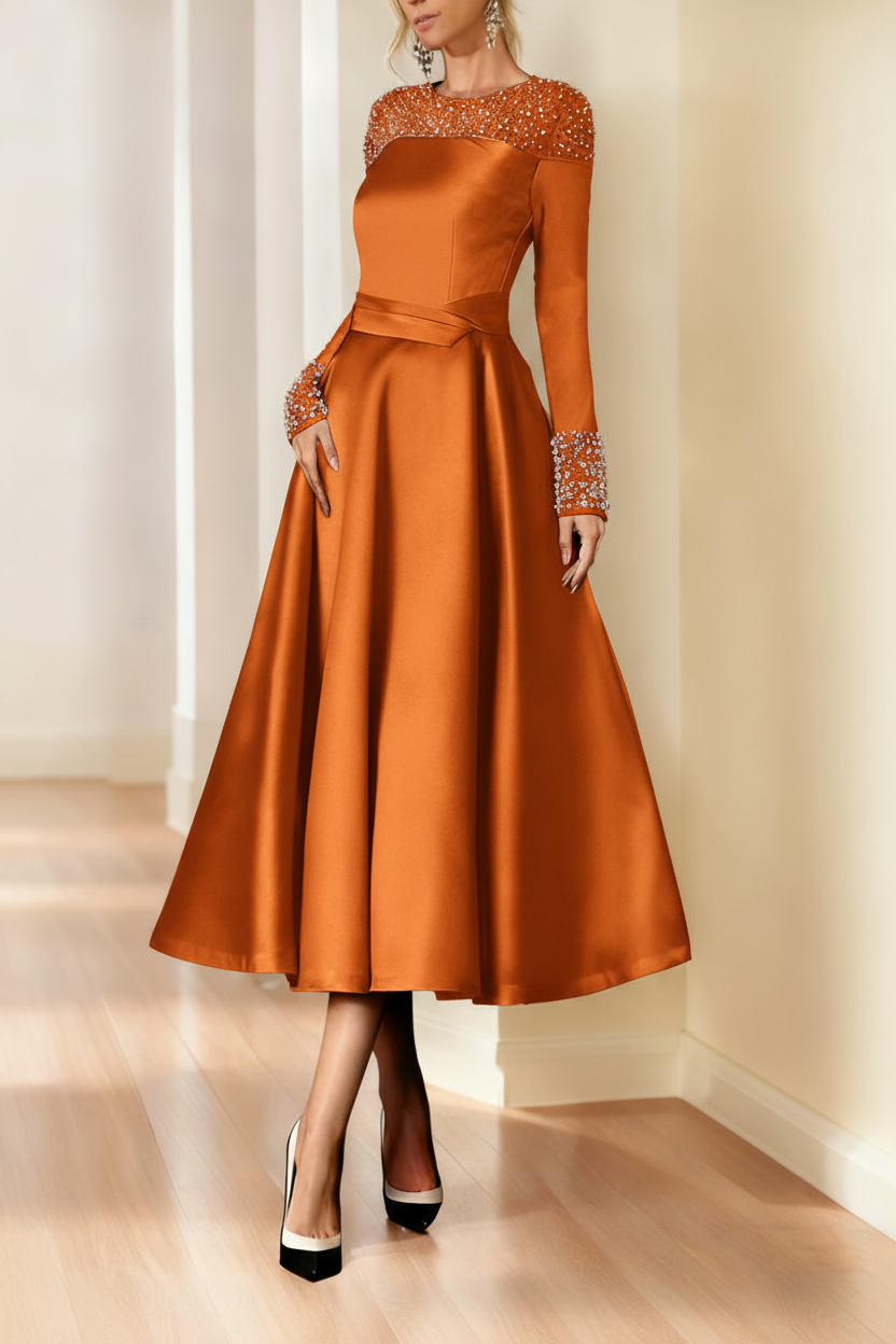 A-Line/Princess Long Sleeves Jewel Neck Mother of the Bride Dresses with Beading Tea-Length