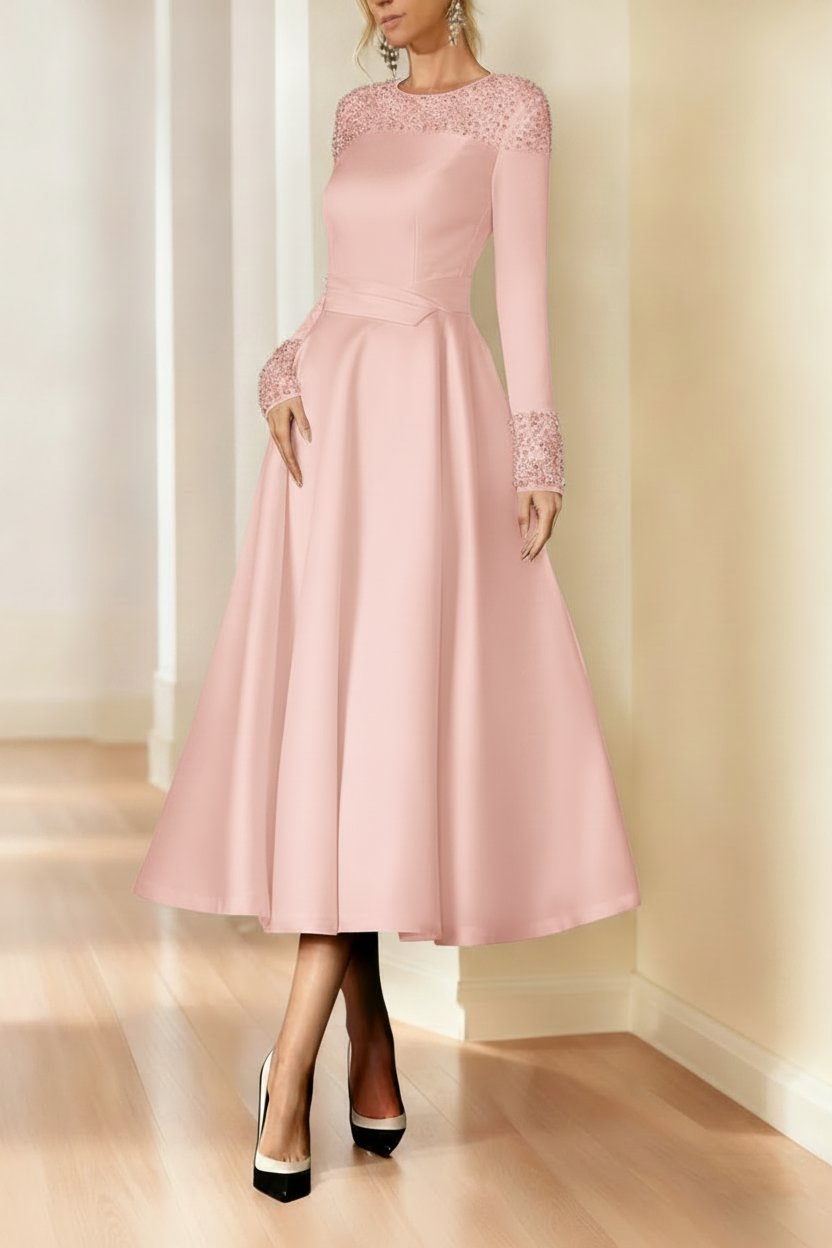 A-Line/Princess Long Sleeves Jewel Neck Mother of the Bride Dresses with Beading Tea-Length