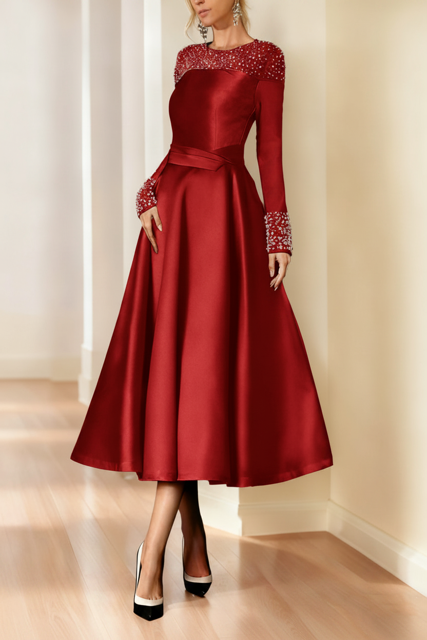 A-Line/Princess Long Sleeves Jewel Neck Mother of the Bride Dresses with Beading Tea-Length