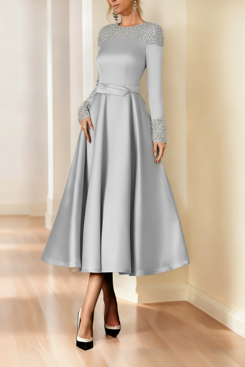 A-Line/Princess Long Sleeves Jewel Neck Mother of the Bride Dresses with Beading Tea-Length