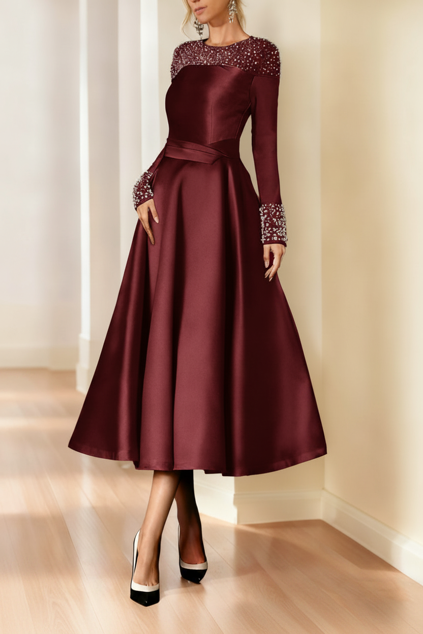 A-Line/Princess Long Sleeves Jewel Neck Mother of the Bride Dresses with Beading Tea-Length