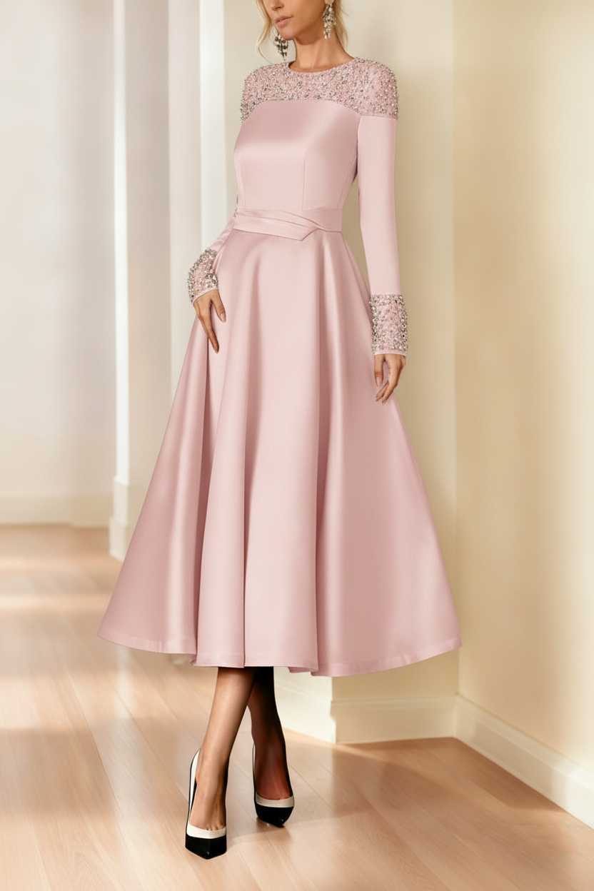 A-Line/Princess Long Sleeves Jewel Neck Mother of the Bride Dresses with Beading Tea-Length