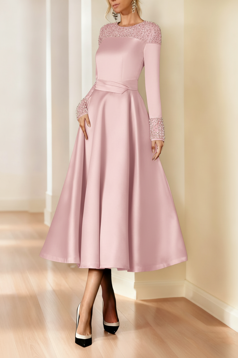 A-Line/Princess Long Sleeves Jewel Neck Mother of the Bride Dresses with Beading Tea-Length
