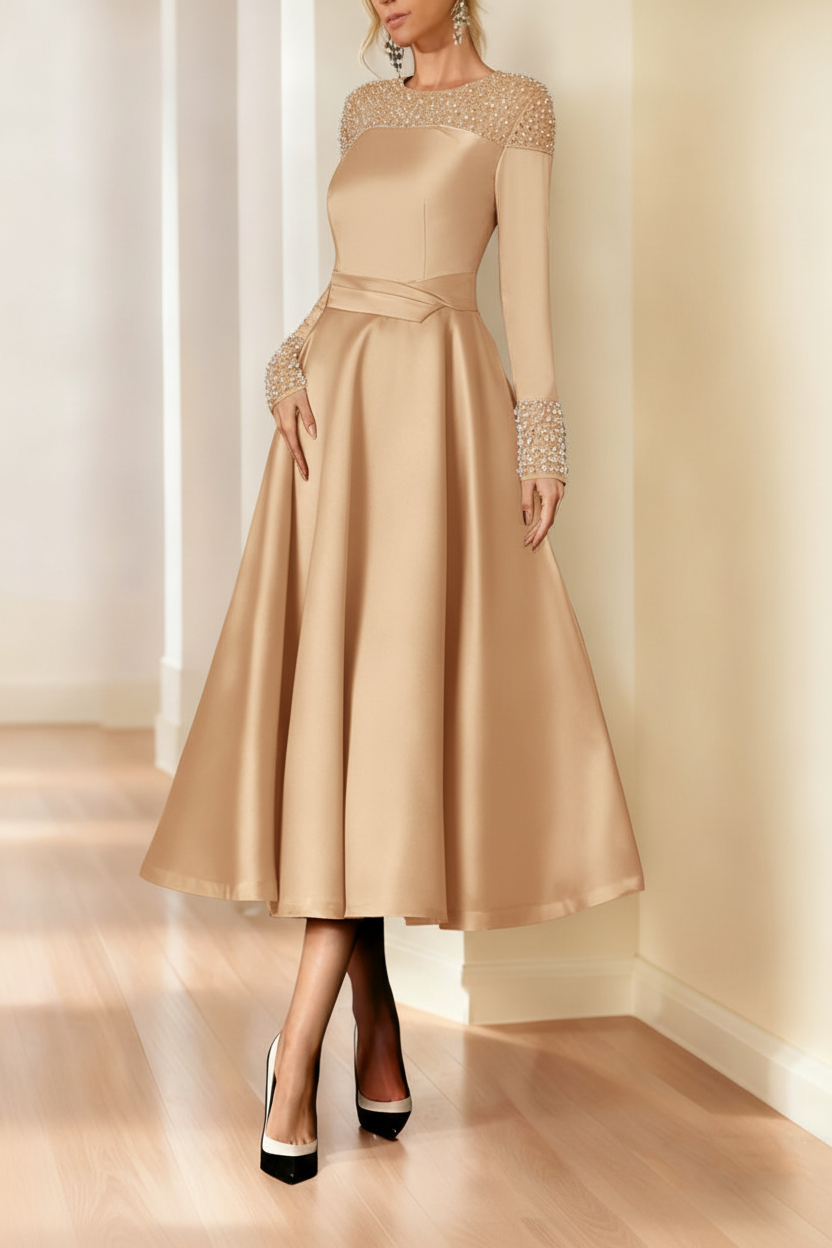 A-Line/Princess Long Sleeves Jewel Neck Mother of the Bride Dresses with Beading Tea-Length