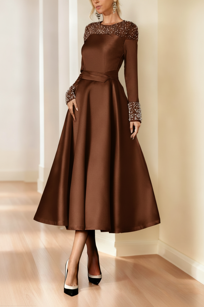 A-Line/Princess Long Sleeves Jewel Neck Mother of the Bride Dresses with Beading Tea-Length