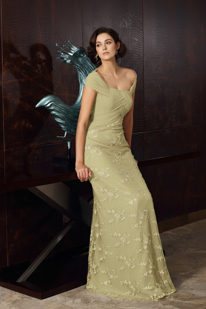 A-Line/Princess Off-The-Shoulder Short Sleeves Tea-Length Chiffon Mother Of The Bride Dresses with Appliques Lace