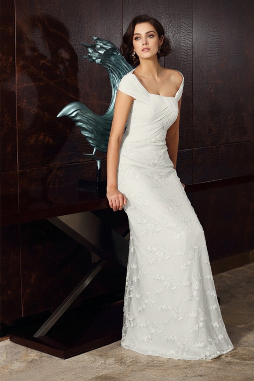 A-Line/Princess Off-The-Shoulder Short Sleeves Tea-Length Chiffon Mother Of The Bride Dresses with Appliques Lace