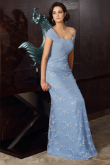 A-Line/Princess Off-The-Shoulder Short Sleeves Tea-Length Chiffon Mother Of The Bride Dresses with Appliques Lace