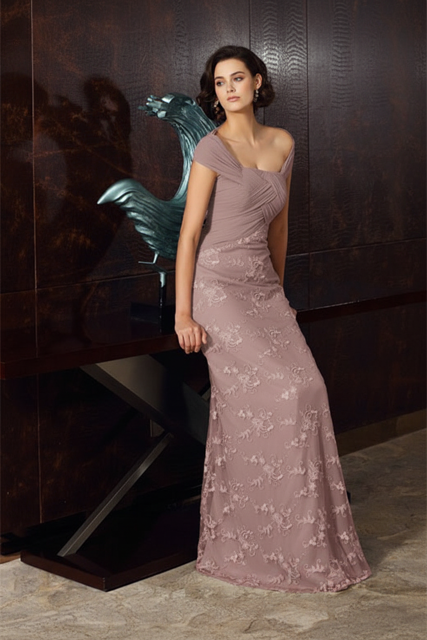A-Line/Princess Off-The-Shoulder Short Sleeves Tea-Length Chiffon Mother Of The Bride Dresses with Appliques Lace
