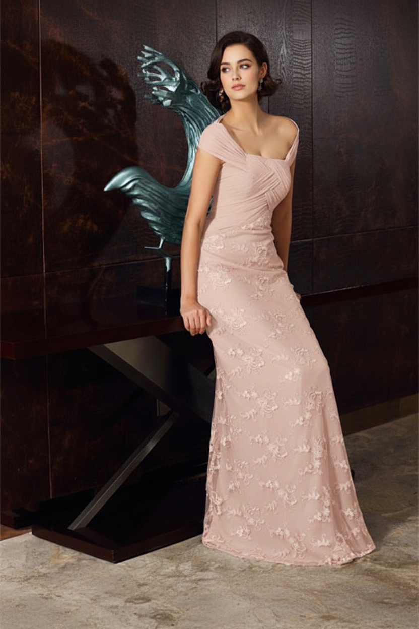 A-Line/Princess Off-The-Shoulder Short Sleeves Tea-Length Chiffon Mother Of The Bride Dresses with Appliques Lace