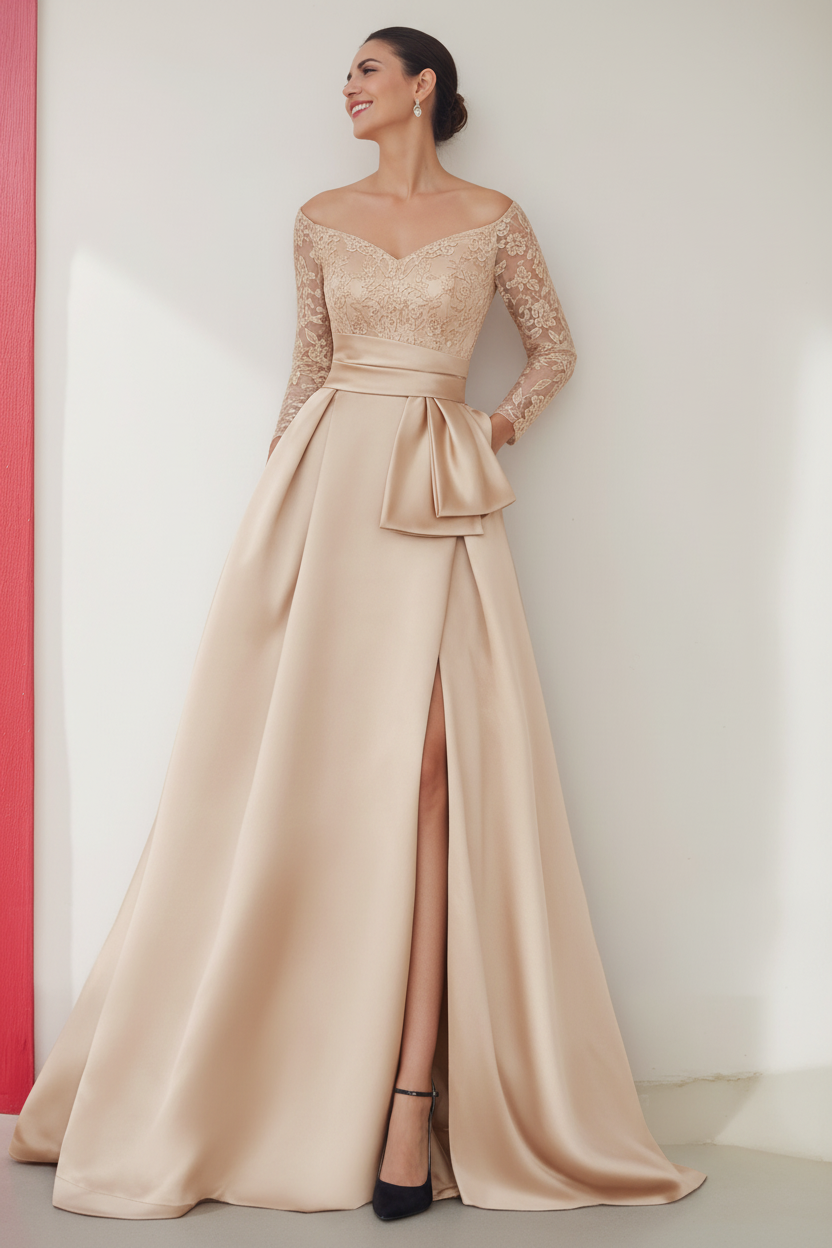 A-Line/Princess Off-the-Shoulder 3/4 Length Sleeves Floor-Length Mother of the Bride Dresses with Split Side