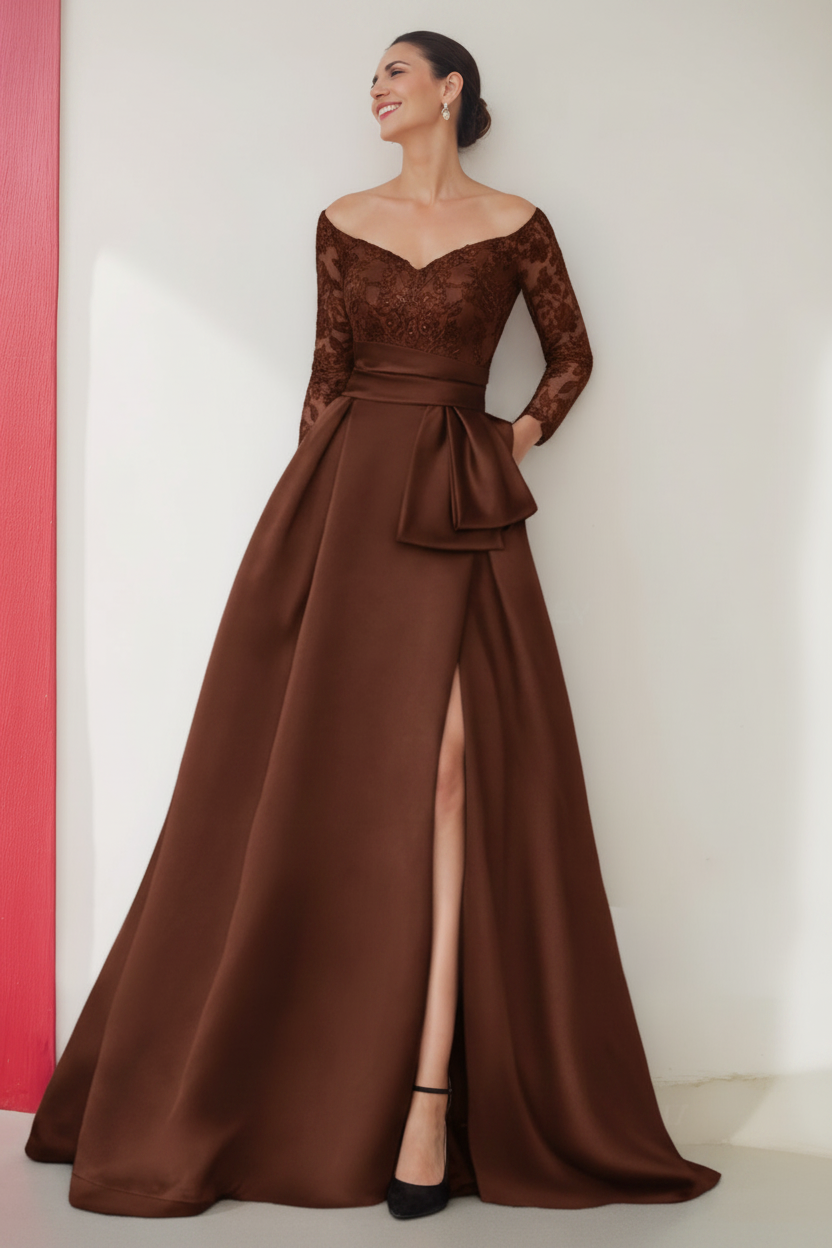 A-Line/Princess Off-the-Shoulder 3/4 Length Sleeves Floor-Length Mother of the Bride Dresses with Split Side