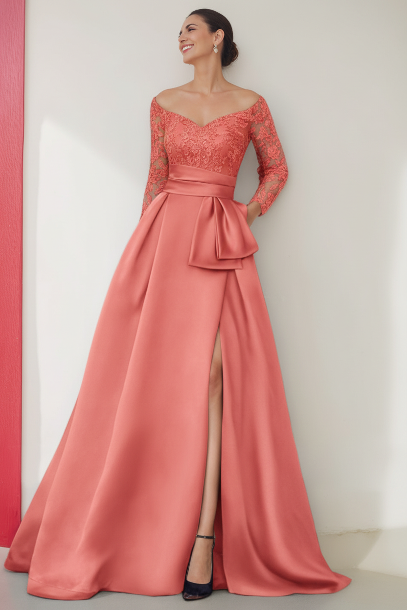 A-Line/Princess Off-the-Shoulder 3/4 Length Sleeves Floor-Length Mother of the Bride Dresses with Split Side