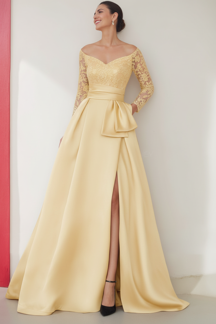 A-Line/Princess Off-the-Shoulder 3/4 Length Sleeves Floor-Length Mother of the Bride Dresses with Split Side