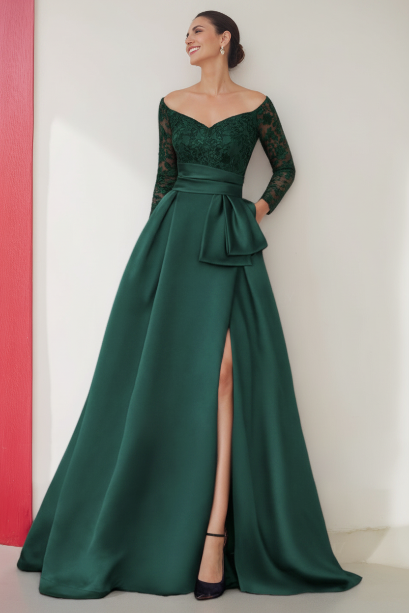 A-Line/Princess Off-the-Shoulder 3/4 Length Sleeves Floor-Length Mother of the Bride Dresses with Split Side
