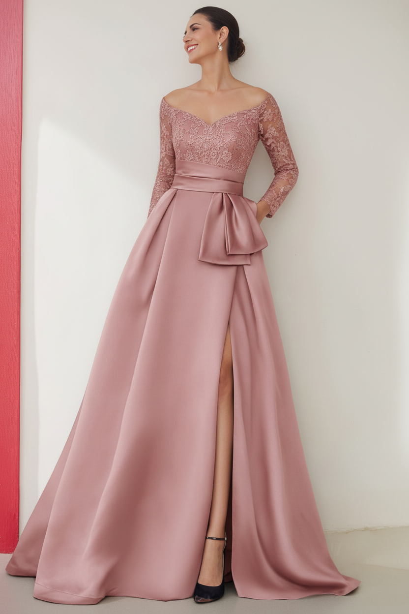 A-Line/Princess Off-the-Shoulder 3/4 Length Sleeves Floor-Length Mother of the Bride Dresses with Split Side