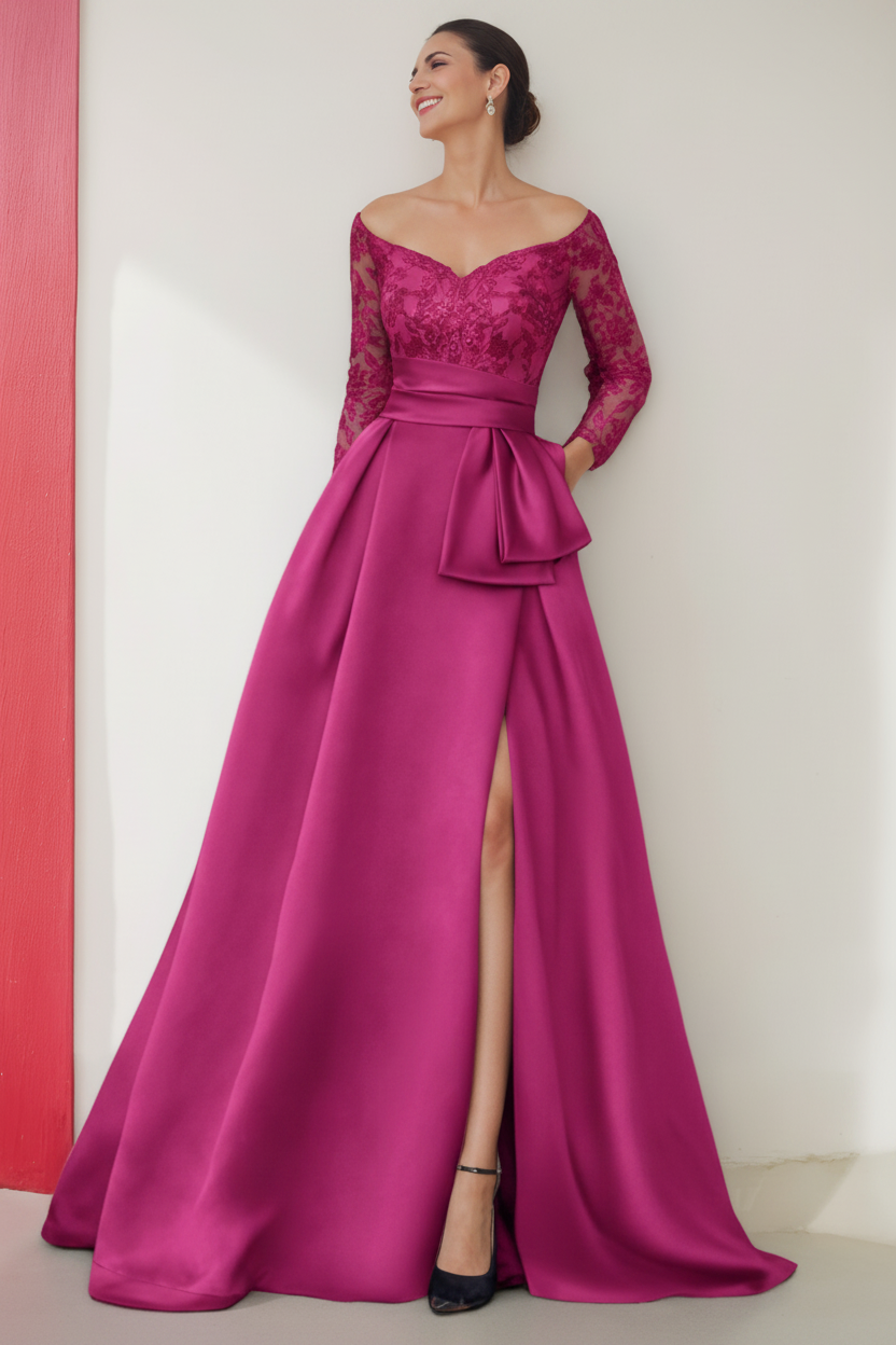 A-Line/Princess Off-the-Shoulder 3/4 Length Sleeves Floor-Length Mother of the Bride Dresses with Split Side