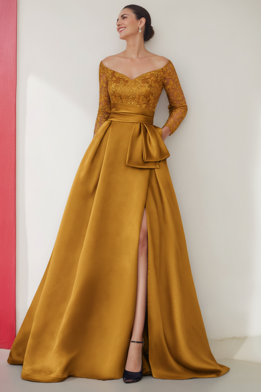 A-Line/Princess Off-the-Shoulder 3/4 Length Sleeves Floor-Length Mother of the Bride Dresses with Split Side