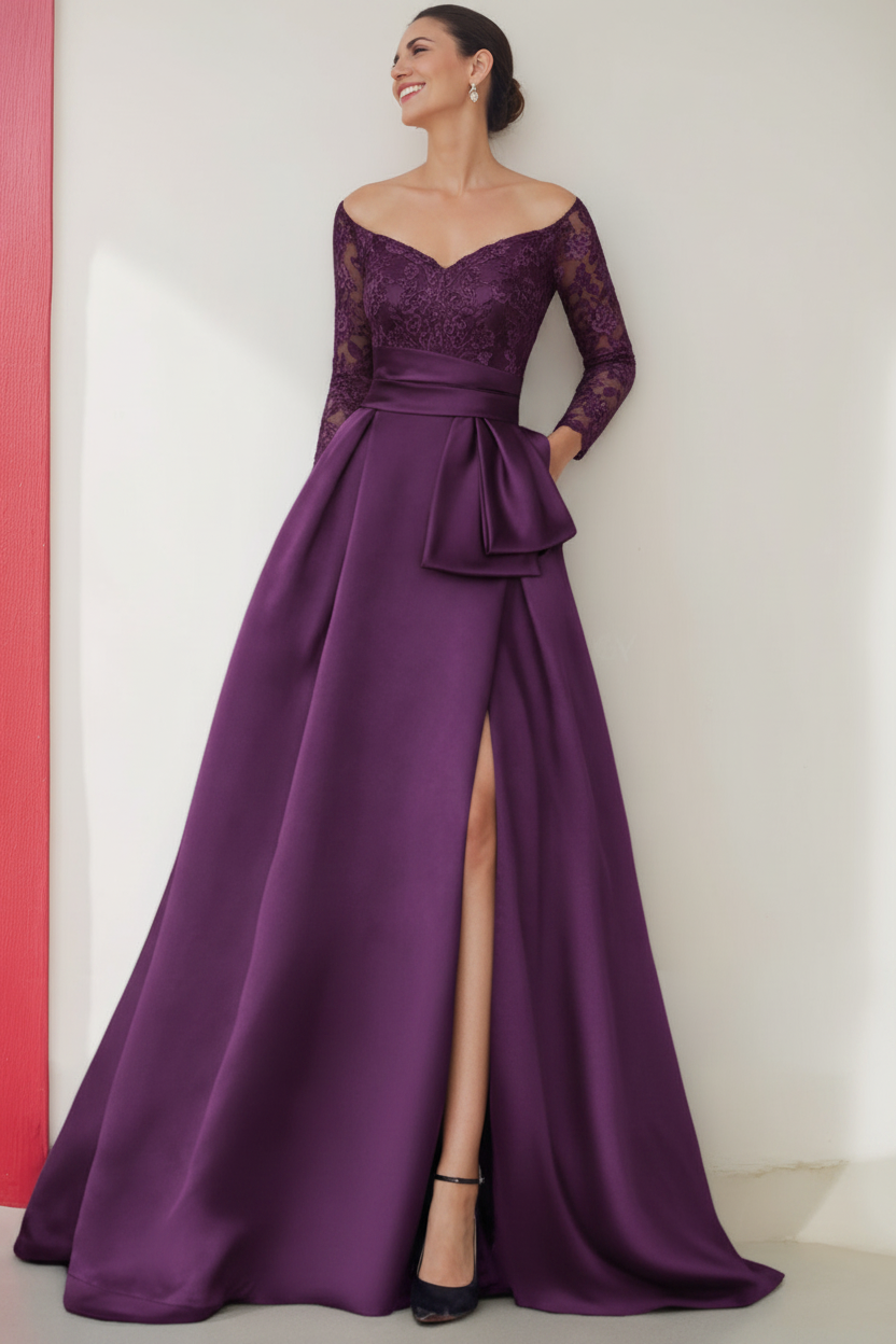 A-Line/Princess Off-the-Shoulder 3/4 Length Sleeves Floor-Length Mother of the Bride Dresses with Split Side