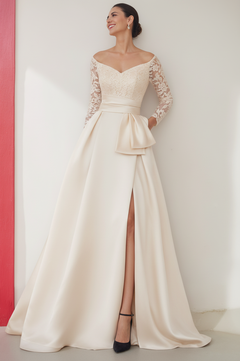 A-Line/Princess Off-the-Shoulder 3/4 Length Sleeves Floor-Length Mother of the Bride Dresses with Split Side