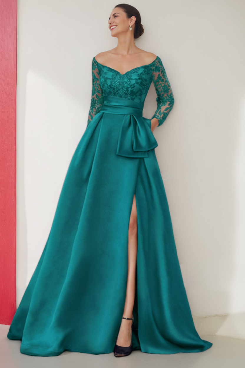 A-Line/Princess Off-the-Shoulder 3/4 Length Sleeves Floor-Length Mother of the Bride Dresses with Split Side