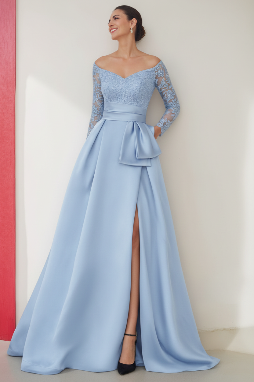 A-Line/Princess Off-the-Shoulder 3/4 Length Sleeves Floor-Length Mother of the Bride Dresses with Split Side