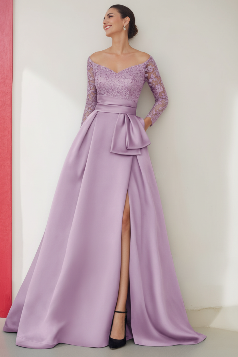 A-Line/Princess Off-the-Shoulder 3/4 Length Sleeves Floor-Length Mother of the Bride Dresses with Split Side