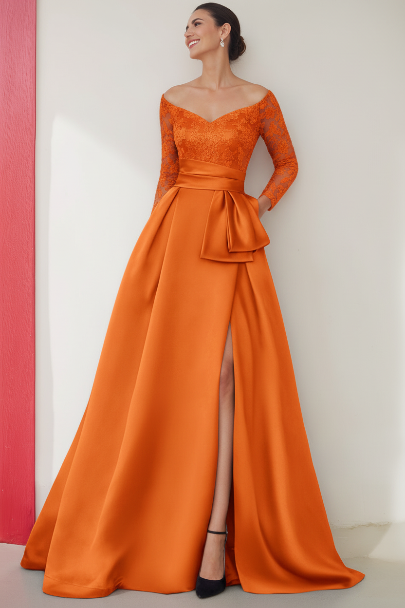 A-Line/Princess Off-the-Shoulder 3/4 Length Sleeves Floor-Length Mother of the Bride Dresses with Split Side