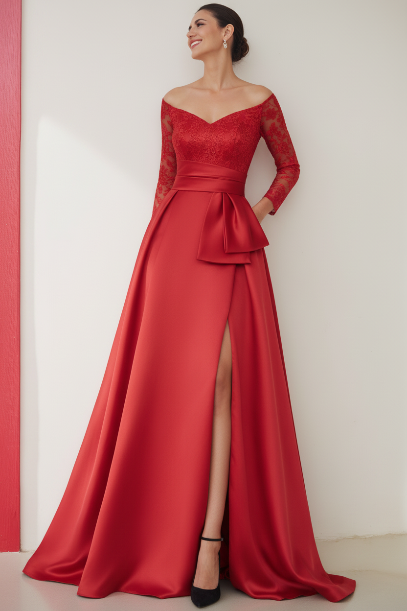 A-Line/Princess Off-the-Shoulder 3/4 Length Sleeves Floor-Length Mother of the Bride Dresses with Split Side