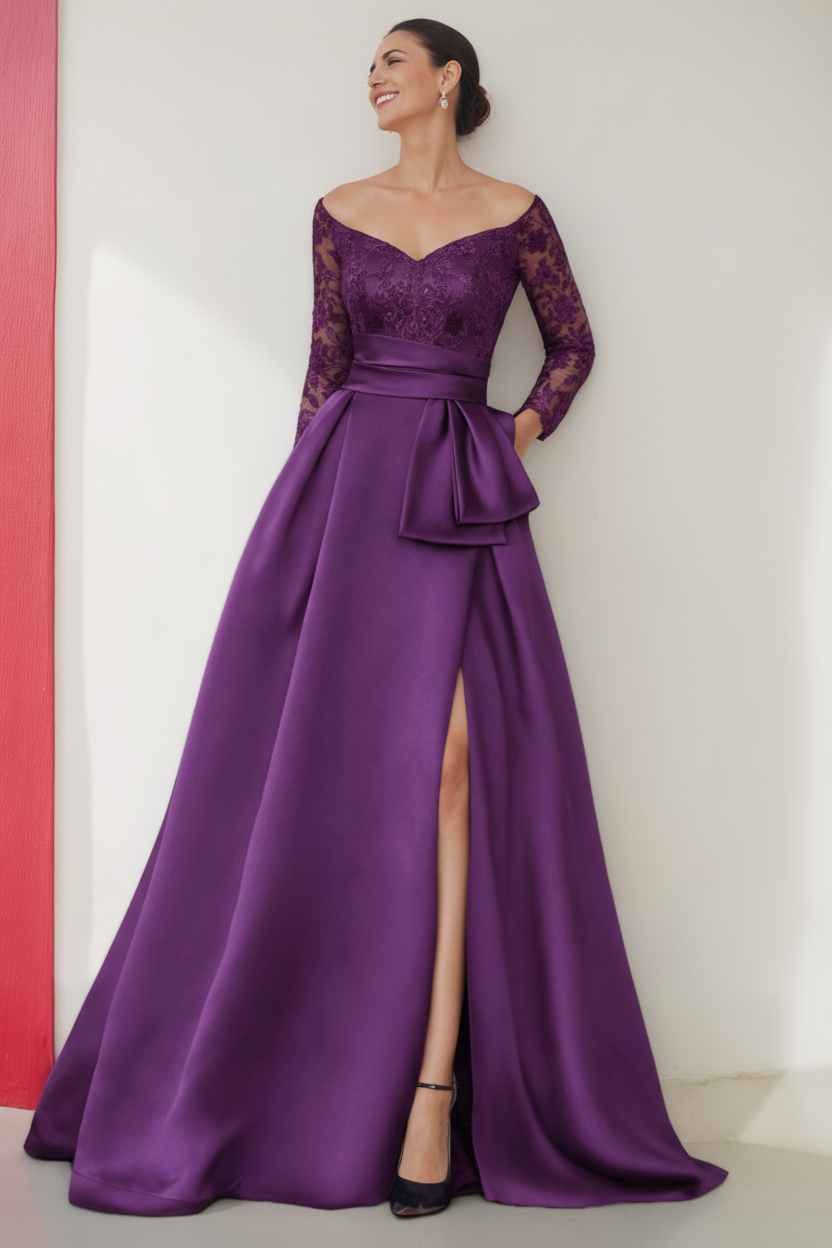 A-Line/Princess Off-the-Shoulder 3/4 Length Sleeves Floor-Length Mother of the Bride Dresses with Split Side