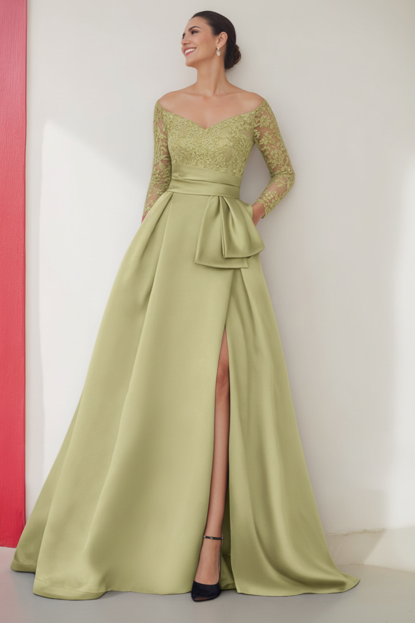 A-Line/Princess Off-the-Shoulder 3/4 Length Sleeves Floor-Length Mother of the Bride Dresses with Split Side