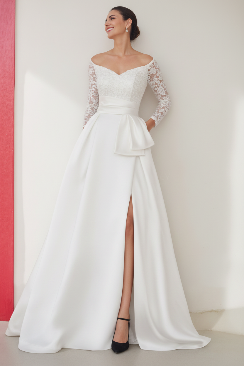 A-Line/Princess Off-the-Shoulder 3/4 Length Sleeves Floor-Length Mother of the Bride Dresses with Split Side