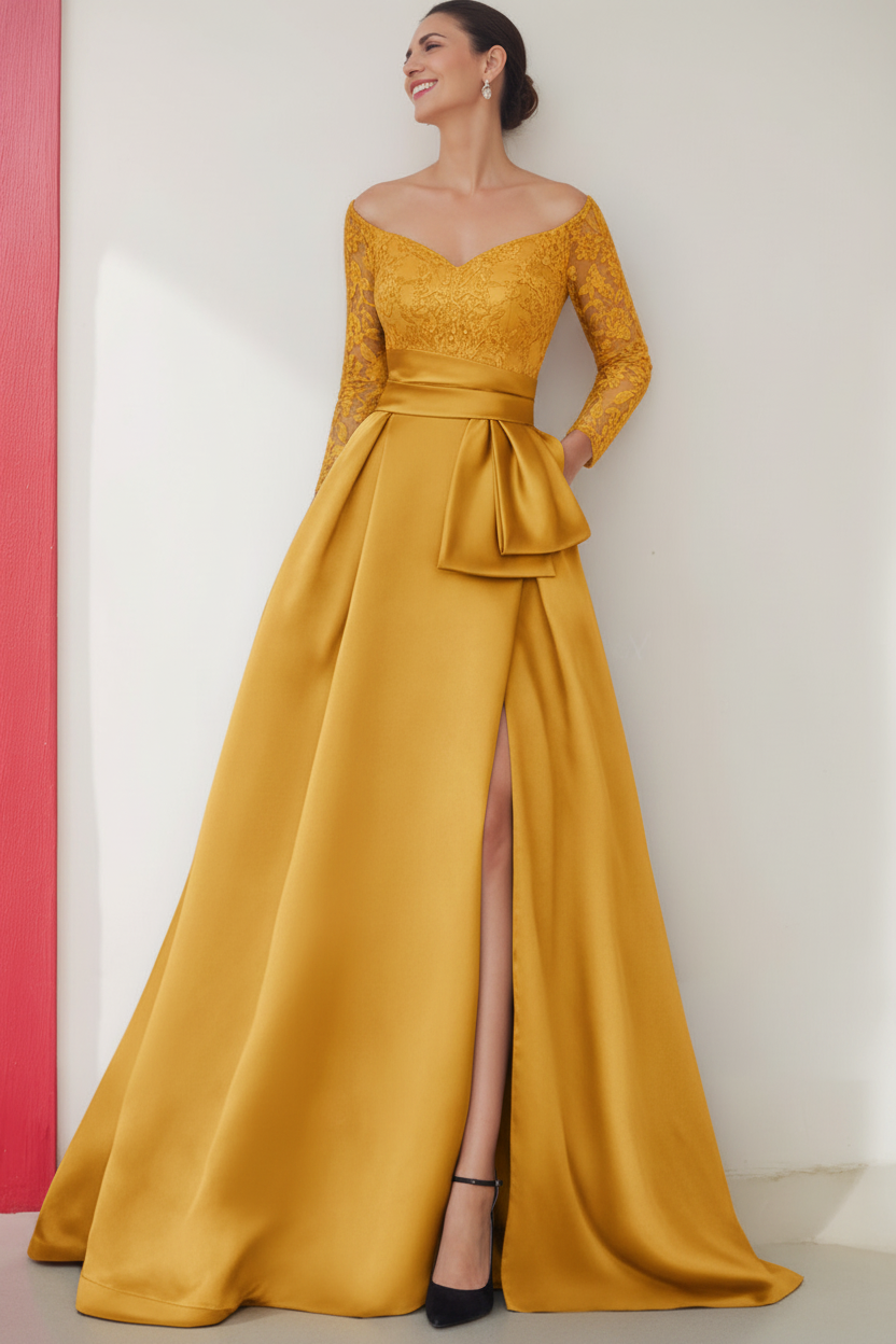A-Line/Princess Off-the-Shoulder 3/4 Length Sleeves Floor-Length Mother of the Bride Dresses with Split Side