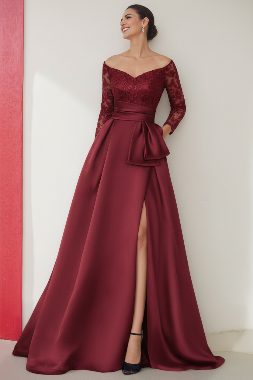 A-Line/Princess Off-the-Shoulder 3/4 Length Sleeves Floor-Length Mother of the Bride Dresses with Split Side