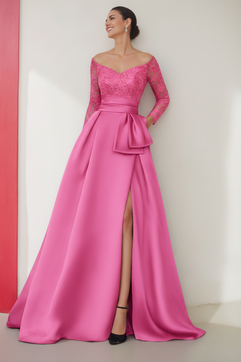 A-Line/Princess Off-the-Shoulder 3/4 Length Sleeves Floor-Length Mother of the Bride Dresses with Split Side