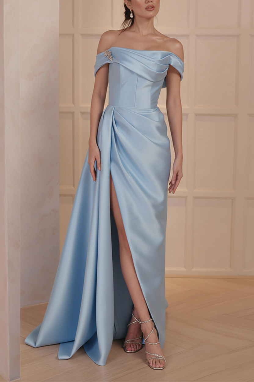 A-Line/Princess Off-the-Shoulder Satin Mother of the Bride Dresses with Split Side