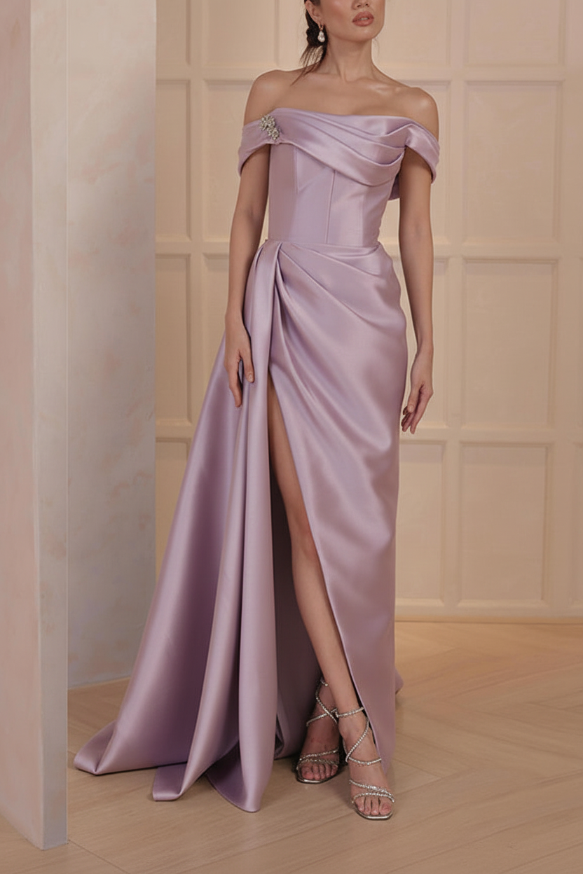 A-Line/Princess Off-the-Shoulder Satin Mother of the Bride Dresses with Split Side