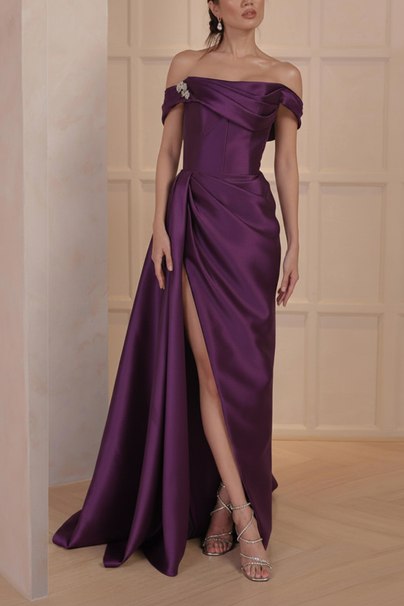 A-Line/Princess Off-the-Shoulder Satin Mother of the Bride Dresses with Split Side