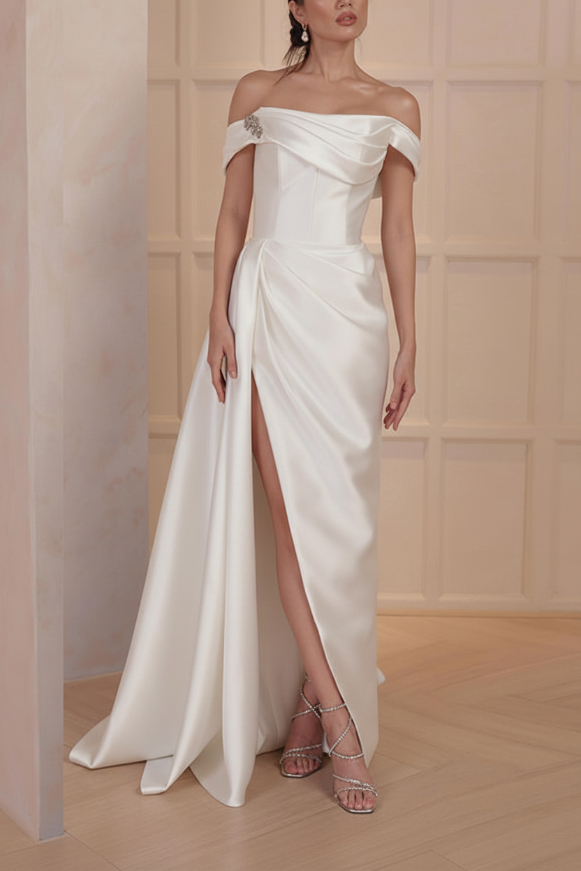 A-Line/Princess Off-the-Shoulder Satin Mother of the Bride Dresses with Split Side