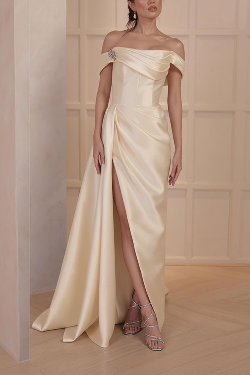 A-Line/Princess Off-the-Shoulder Satin Mother of the Bride Dresses with Split Side